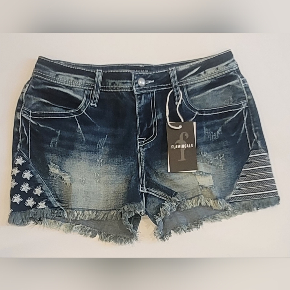Flamingals Women's Frayed Hem Jean Shorts - Dark Blue Size S NWT